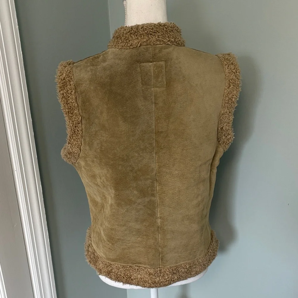 Vintage Y2K True Grit Tan Real Leather Faux Shearling Toggle Button Vest Medium - Picture 4 of 8